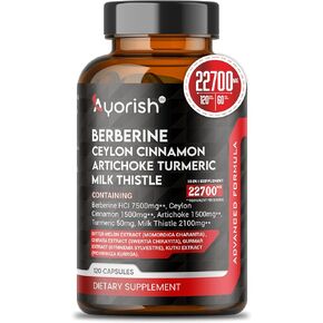 Berberine Supplement Equivalent to 7500mg - High Potency with Ceylon Cinnamon 1500mg, Artichoke 1500mg, Turmeric 50mg, Milk Thistle 2100mg – 120 Veg Capsule - 60 Days Supply