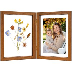 Double Picture Frame Wood, Pressed Flower Frame, Double Photo Frame, MDF Wooden & Acrylic Hinged, Standing Picture Frames Desktop Tabletop, Vertical, Brown, 4x6 inches (FRAME ONLY)
