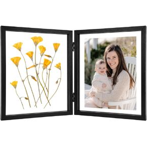 Double Picture Frame Wood, Pressed Flower Frame, Double Photo Frame, MDF Wooden & Acrylic Hinged, Standing Picture Frames Desktop Tabletop, Vertical, Brown, 4x6 inches (FRAME ONLY)