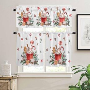 Christmas Kitchen Curtains and Valances Set Gingerbread Man Coffee Cappuccino White 3 Piece Rod Pocket Valances Tier Curtains, Small Window Treatment Short Curtains Decor for Living Room Kitchen Cafe