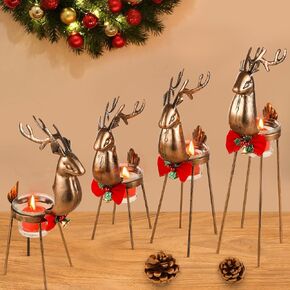 4 Pack Reindeer Tealight Candle Holders Christmas Table Decorations Reindeer Standing Iron Metal Candle Holder Rust-Proof Candlestick Glass Votive Tea Light Decor Winter Centerpiece for Home Display