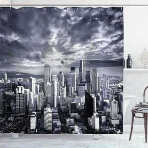 ستارة دش مطبوعة بمناظر طبيعية من Ambesonne، مباني الأعمال في سياتل سيتي سكيب، أفق الغيوم الداكنة عند طباعة مظهر غروب الشمس، مجموعة ديكور الحمام من قماش القماش مع خطافات، 69 بوصة عرض × 70 بوصة طول، رمادي in Kuwait