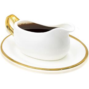 14 oz Gravy Boat with Tray, Ceramic Sauce Boat with Gold Trim Ergonomic Handle and Dripless Lip Spout for Salad Dressings, Creamer, Broth, Black Pepper, White