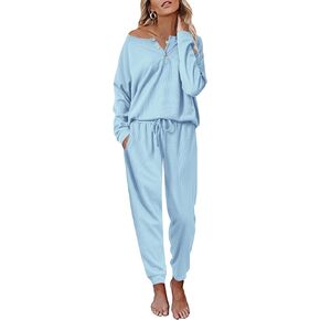 Ekouaer Pajamas Women's Waffle Knit Sleepwear Long Sleeve Top with Pants Casual Pjs Loungewear Set S-XXL