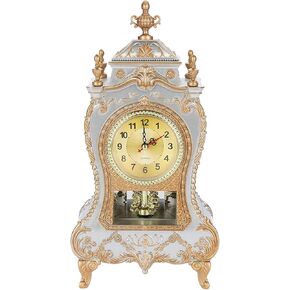 Qiilu Tall Gold Mantel Clock Antique Table Clock, Vintage Plastic Table Clock Antique Home Hotel Decorative Desk Alarm Clocks (White)