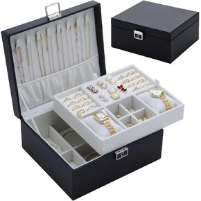 2-Layer Jewelry Boxes for Women - Jewelry Box with Lock and Handles, Large Jewelry Organizer Box Storage Womens, Removable Jewelry Tray, 8.1 x 9.3 x 4.4 Inches, White