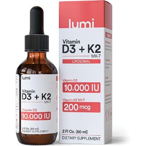 lumi Vitamin D3 K2 MK7 w MCT Oil - 10000 IU D3, 200 mcg K2 MK7-60ml Liposomal Absorption Sublingual Liquid Drops - Non-GMO, Vegan, Unflavored Liquid - Monthly Supply - 2 Fl Oz - (1 Pack)