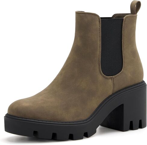REDTOP Women's Chelsea Boots Fashion Platform High Heel Ankle Booties Round Toe Casual Elastic Chunky Block Heel Boots Black Grey in Kuwait