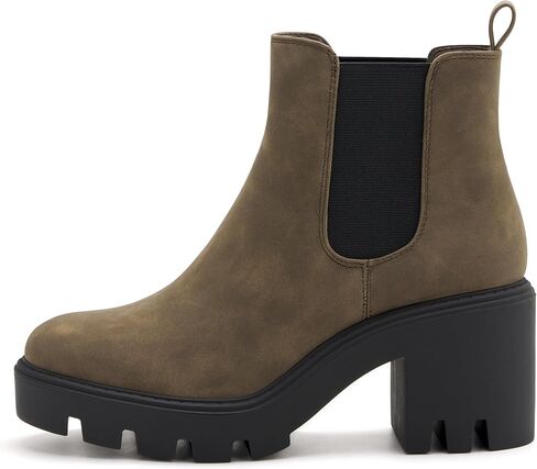 REDTOP Women's Chelsea Boots Fashion Platform High Heel Ankle Booties Round Toe Casual Elastic Chunky Block Heel Boots Black Grey in Kuwait
