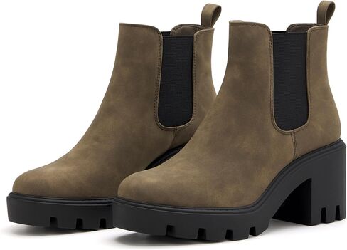 REDTOP Women's Chelsea Boots Fashion Platform High Heel Ankle Booties Round Toe Casual Elastic Chunky Block Heel Boots Black Grey in Kuwait