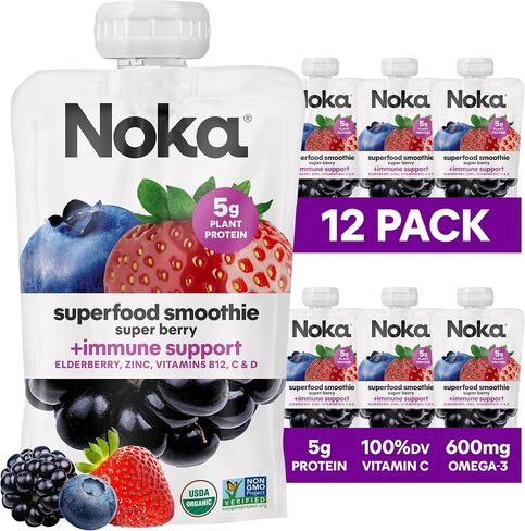 Noka Superfood Fruit Smoothie Pouches, Super Berry with Immune Support, Healthy Snacks with Elderberry, Flax Seed, Plant Protein, and Prebiotic Fiber, Gluten Free and Vegan, 4.22 oz, 12 Count in Saudi Arabia