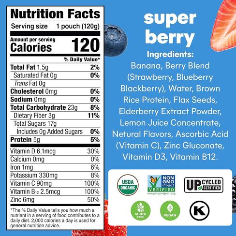 Noka Superfood Fruit Smoothie Pouches, Super Berry with Immune Support, Healthy Snacks with Elderberry, Flax Seed, Plant Protein, and Prebiotic Fiber, Gluten Free and Vegan, 4.22 oz, 12 Count in Saudi Arabia