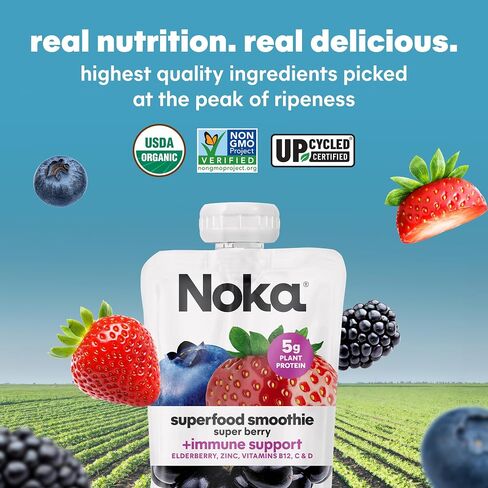 Noka Superfood Fruit Smoothie Pouches, Super Berry with Immune Support, Healthy Snacks with Elderberry, Flax Seed, Plant Protein, and Prebiotic Fiber, Gluten Free and Vegan, 4.22 oz, 12 Count in Saudi Arabia