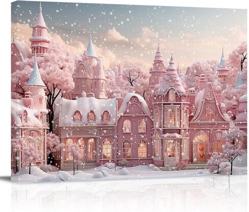 Pink Christmas Modern Art Wall Decor for Living Room/Bedroom, Pink Xmas House Winter Snowflake Large Canvas Art Painting Framed Ready to Hang 24" x 16" x 1 Panel in Saudi Arabia