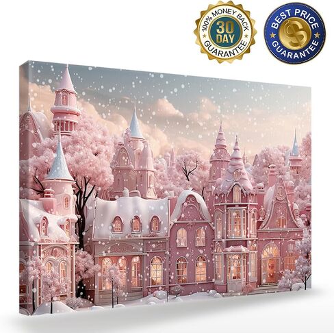 Pink Christmas Modern Art Wall Decor for Living Room/Bedroom, Pink Xmas House Winter Snowflake Large Canvas Art Painting Framed Ready to Hang 24" x 16" x 1 Panel in Saudi Arabia