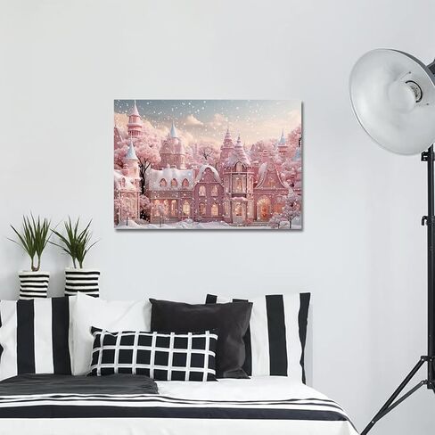 Pink Christmas Modern Art Wall Decor for Living Room/Bedroom, Pink Xmas House Winter Snowflake Large Canvas Art Painting Framed Ready to Hang 24" x 16" x 1 Panel in Saudi Arabia