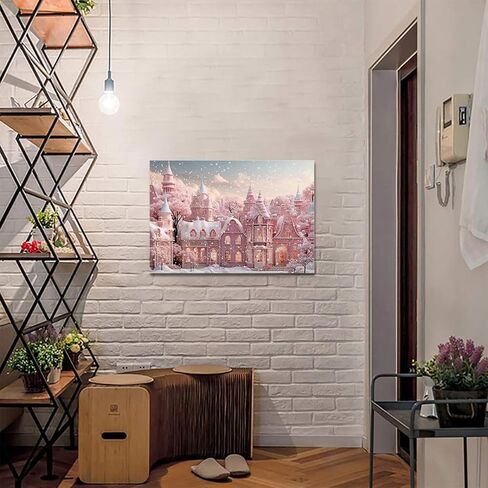 Pink Christmas Modern Art Wall Decor for Living Room/Bedroom, Pink Xmas House Winter Snowflake Large Canvas Art Painting Framed Ready to Hang 24" x 16" x 1 Panel in Saudi Arabia