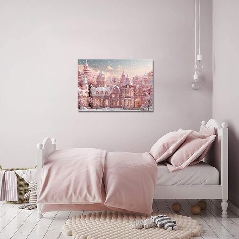 Pink Christmas Modern Art Wall Decor for Living Room/Bedroom, Pink Xmas House Winter Snowflake Large Canvas Art Painting Framed Ready to Hang 24" x 16" x 1 Panel in Saudi Arabia