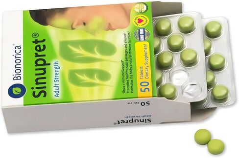 Sinupret Adult Strength Sinus + Immune Support All Natural, Fast Acting Herbal Nasal Passage & Immunity Boost Supplement with Verbena & Elder Flower - 50 Tablets in Kuwait