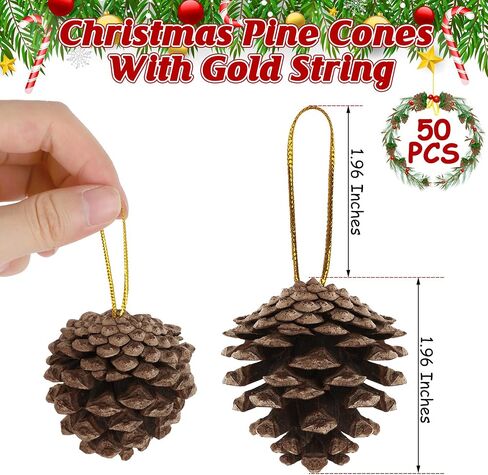 24 PCS Natural Pine Cones, 1.96 IN Pinecone Ornaments, Rustic Pine Cones for Crafts, Winter Decorations for Home, Bulk Pine Cones with Gold String for Christmas Table Decor Diy Christmas Ornaments in Saudi Arabia