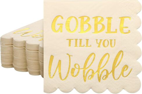 Yeaqee 100 Pcs Thanksgiving Cocktail Napkins 5" x 5" Paper Scalloped Beverage Napkin Disposable Give Thanks Friendsgiving Napkins for Fall Blessed Day Dinner Party Decor(Gobble Till You Wobble) in Saudi Arabia