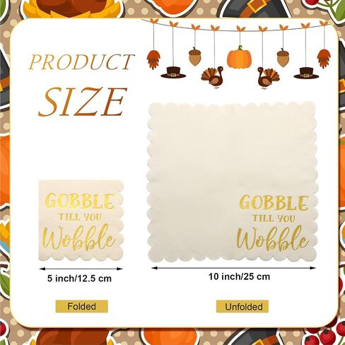 Yeaqee 100 Pcs Thanksgiving Cocktail Napkins 5" x 5" Paper Scalloped Beverage Napkin Disposable Give Thanks Friendsgiving Napkins for Fall Blessed Day Dinner Party Decor(Gobble Till You Wobble) in Saudi Arabia