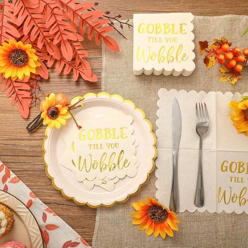 Yeaqee 100 Pcs Thanksgiving Cocktail Napkins 5" x 5" Paper Scalloped Beverage Napkin Disposable Give Thanks Friendsgiving Napkins for Fall Blessed Day Dinner Party Decor(Gobble Till You Wobble) in Saudi Arabia