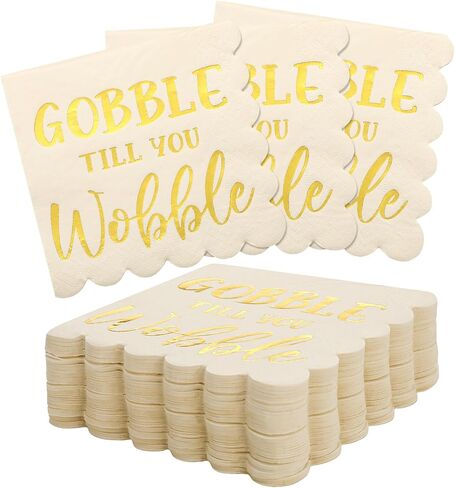 Yeaqee 100 Pcs Thanksgiving Cocktail Napkins 5" x 5" Paper Scalloped Beverage Napkin Disposable Give Thanks Friendsgiving Napkins for Fall Blessed Day Dinner Party Decor(Gobble Till You Wobble) in Saudi Arabia