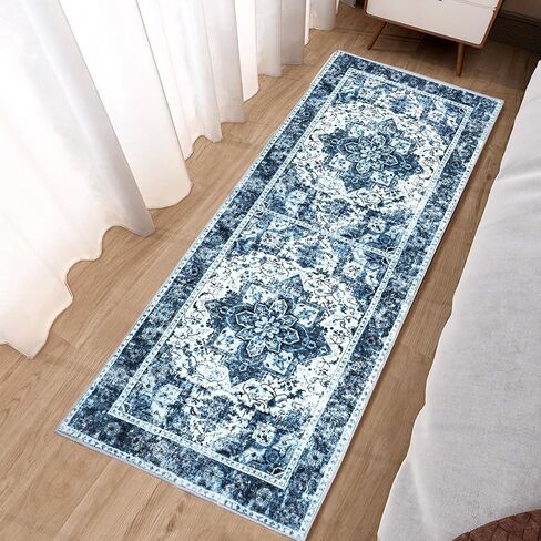 CRUGZ Machine Washable 2x6 Feet Entryway Runner Rug, Ultra Soft Faux Wool Bedside Runner Rugs Non-Slip Floral Runners for Hallway, Kitchen, Vintage Room Decor Runner Rug (Blue/White, 2'x6') in Saudi Arabia