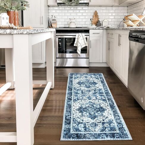 CRUGZ Machine Washable 2x6 Feet Entryway Runner Rug, Ultra Soft Faux Wool Bedside Runner Rugs Non-Slip Floral Runners for Hallway, Kitchen, Vintage Room Decor Runner Rug (Blue/White, 2'x6') in Saudi Arabia