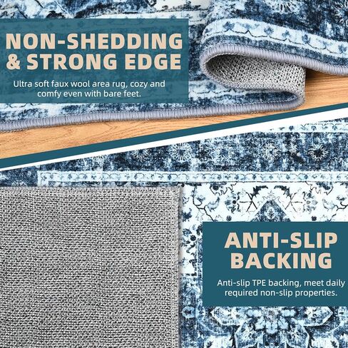CRUGZ Machine Washable 2x6 Feet Entryway Runner Rug, Ultra Soft Faux Wool Bedside Runner Rugs Non-Slip Floral Runners for Hallway, Kitchen, Vintage Room Decor Runner Rug (Blue/White, 2'x6') in Saudi Arabia
