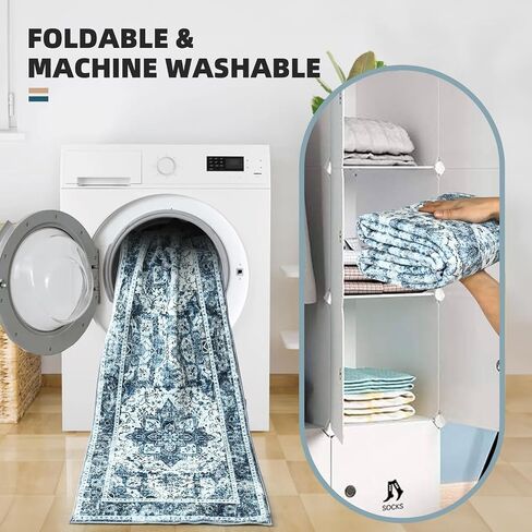 CRUGZ Machine Washable 2x6 Feet Entryway Runner Rug, Ultra Soft Faux Wool Bedside Runner Rugs Non-Slip Floral Runners for Hallway, Kitchen, Vintage Room Decor Runner Rug (Blue/White, 2'x6') in Saudi Arabia