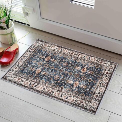 CRUGZ Machine Washable 2x6 Feet Entryway Runner Rug, Ultra Soft Faux Wool Bedside Runner Rugs Non-Slip Floral Runners for Hallway, Kitchen, Vintage Room Decor Runner Rug (Blue/White, 2'x6') in Saudi Arabia