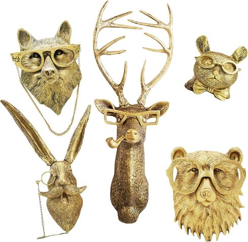 Artocery Brass Animal Head Wall Decor Gold Animal Heads Shaped Wall Hanging for Living Room Bath Room Kitchen Gardening Pub and Bar Decor for Wall Gift Ideas for Woman for Man (5pcs-brass) in Saudi Arabia