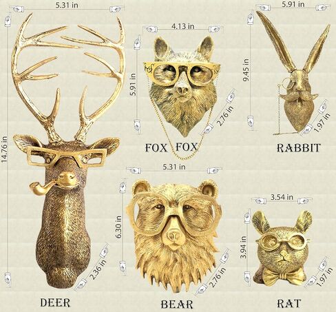 Artocery Brass Animal Head Wall Decor Gold Animal Heads Shaped Wall Hanging for Living Room Bath Room Kitchen Gardening Pub and Bar Decor for Wall Gift Ideas for Woman for Man (5pcs-brass) in Saudi Arabia