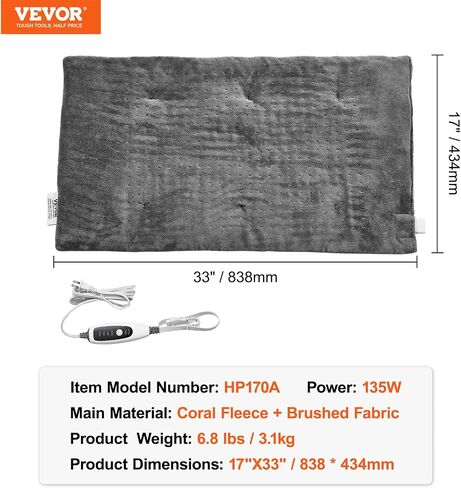 VEVOR Weighted Heating Pad, 17" x 33" Electric Heat Pad for Pain Relief, 6.8 lbs Electric Heating Pad with 4 Temperature Settings, 2-Hour Auto-Off, Weighted Heated Pad for Back Neck Shoulder Abdomen in Saudi Arabia