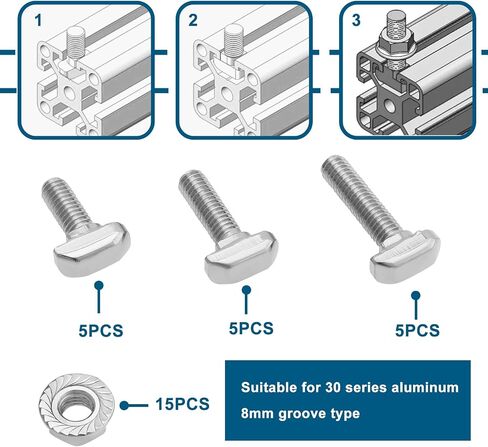 15Set M6 T Slot Drop-in Bolt with M6 Hexagon Flange Nut Kits Carbon Steel Nickel Plated Hammer Head T-Bolt T Shape Stud Sliding Screw for T Slot 8mm 30 Series Aluminum Profile in Saudi Arabia