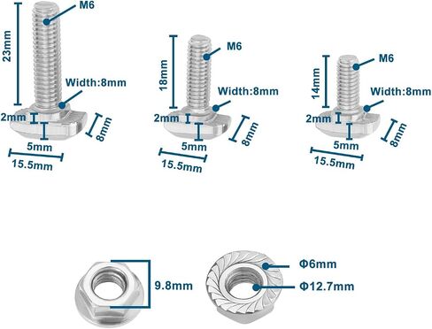 15Set M6 T Slot Drop-in Bolt with M6 Hexagon Flange Nut Kits Carbon Steel Nickel Plated Hammer Head T-Bolt T Shape Stud Sliding Screw for T Slot 8mm 30 Series Aluminum Profile in Saudi Arabia