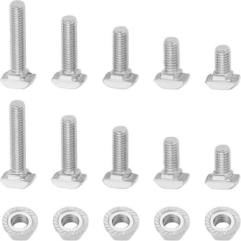 15Set M6 T Slot Drop-in Bolt with M6 Hexagon Flange Nut Kits Carbon Steel Nickel Plated Hammer Head T-Bolt T Shape Stud Sliding Screw for T Slot 8mm 30 Series Aluminum Profile in Saudi Arabia
