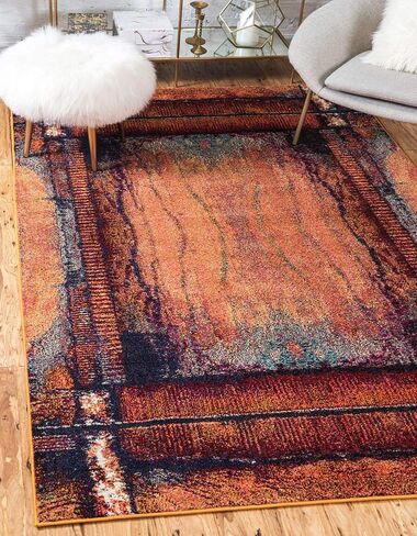 Unique Loom Estrella Collection Rustic, Distressed, Modern, Abstract Area Rug, 7 ft x 10 ft, Orange/Black in Saudi Arabia