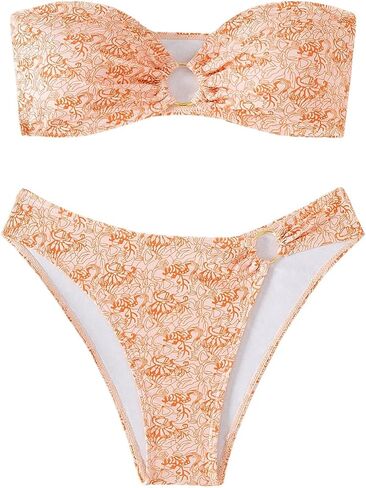 WDIRARA Women's 2 Piece Floral Print Swimsuits Ring Linked Bandeau Strapless Bikini Cheeky Bathing Suit Orange Large in Saudi Arabia