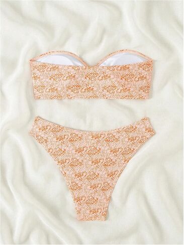 WDIRARA Women's 2 Piece Floral Print Swimsuits Ring Linked Bandeau Strapless Bikini Cheeky Bathing Suit Orange Large in Saudi Arabia