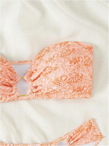 WDIRARA Women's 2 Piece Floral Print Swimsuits Ring Linked Bandeau Strapless Bikini Cheeky Bathing Suit Orange Large in Saudi Arabia