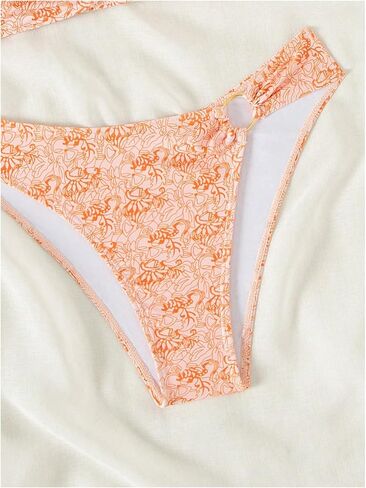 WDIRARA Women's 2 Piece Floral Print Swimsuits Ring Linked Bandeau Strapless Bikini Cheeky Bathing Suit Orange Large in Saudi Arabia