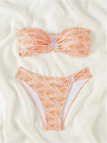 WDIRARA Women's 2 Piece Floral Print Swimsuits Ring Linked Bandeau Strapless Bikini Cheeky Bathing Suit Orange Large in Saudi Arabia