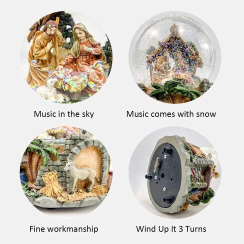 مشهد الميلاد سنو غلوب، 100 مم العائلة المقدسة الموسيقية اللامعة زخرفة الكرة المائية تلعب لحن الليل الصامت، عيد الميلاد الراتنج صندوق الموسيقى الديكور in Kuwait