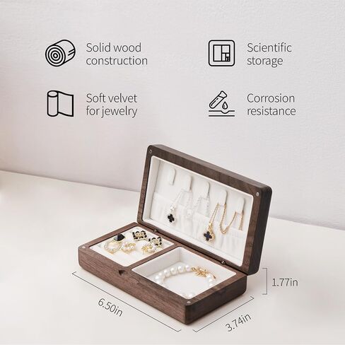 Wooden Travel Jewelry Box Jewelry Box Vintage Style Travel Jewelry Case Small Wood Jewelry Box Wood Jewelry Organizer Velvet Ideal Jewelry Box for Girls, Women, Men (Walnut Gray) in Kuwait
