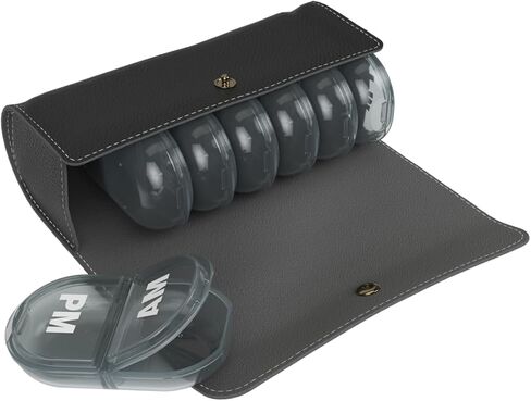 علبة حبوب إيزي دوز أسبوعيًا (7 أيام) صباحًا ومساءً، مخطط طبي، منظم الفيتامينات، مقصورات منبثقة، مرتين في اليوم، أغطية سوداء، تتضمن علبة سوداء، خالية من مادة BPA in Kuwait