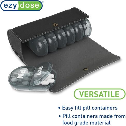 علبة حبوب إيزي دوز أسبوعيًا (7 أيام) صباحًا ومساءً، مخطط طبي، منظم الفيتامينات، مقصورات منبثقة، مرتين في اليوم، أغطية سوداء، تتضمن علبة سوداء، خالية من مادة BPA in Kuwait