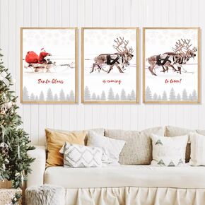 Framed Christmas Wall Art, 3 Pack 12x16 Inch Christmas Santa Claus with Sleigh Deer Christmas Wall Decor, Christmas Canvas Pictures Wall Decor for Bedroom Office Home Decor